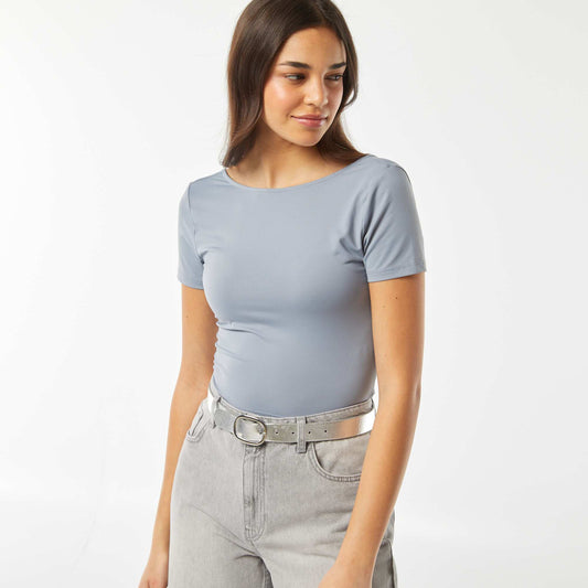 Camiseta cropped de punto elástico con espalda abierta AZUL
