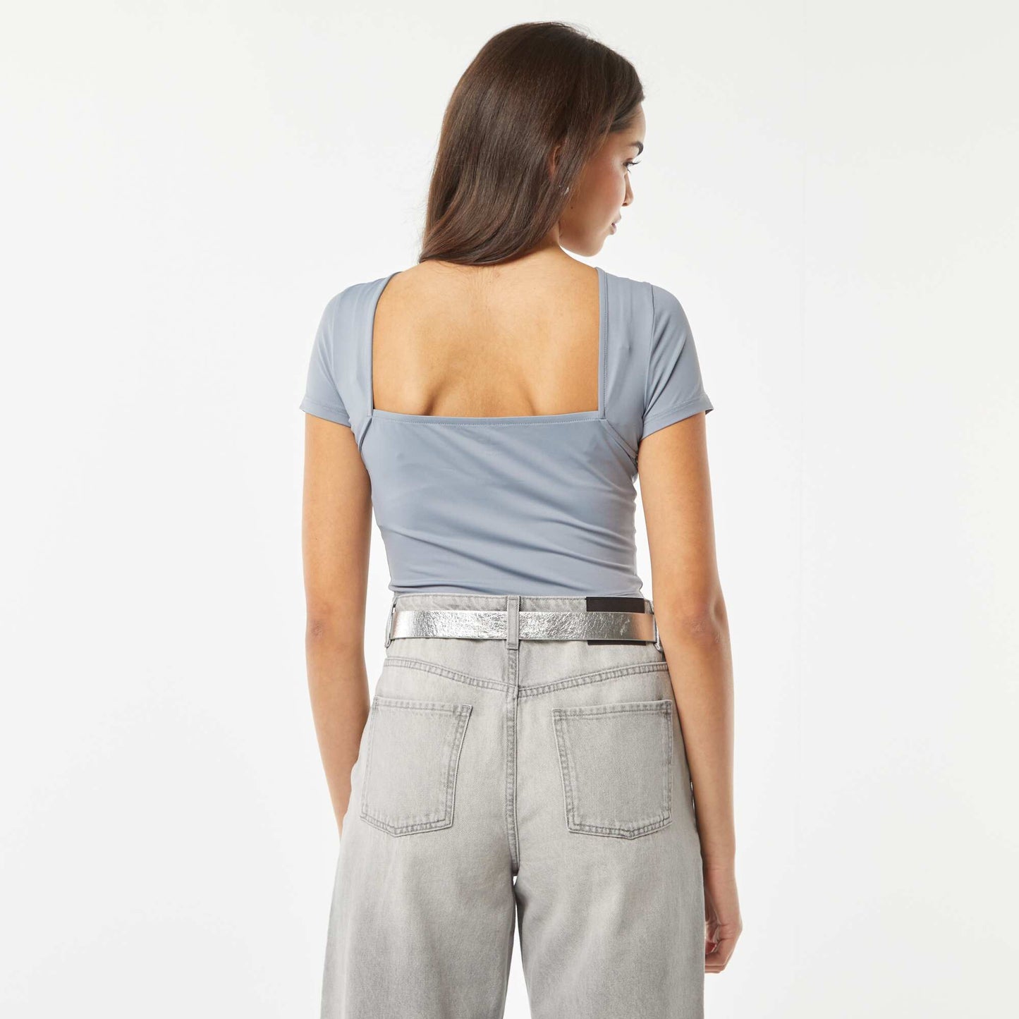 Camiseta cropped de punto elástico con espalda abierta AZUL