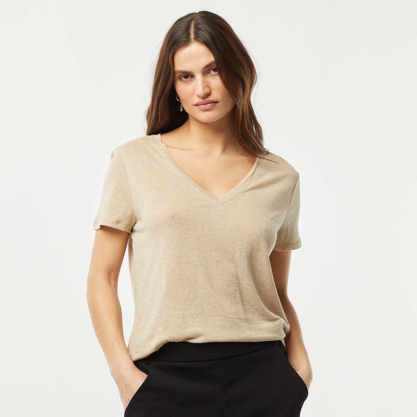 Camiseta básica de mezcla de lino con cuello de pico BLANCO
