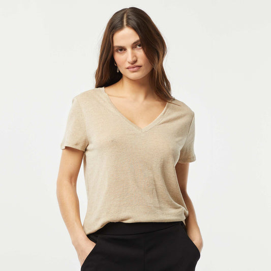 Camiseta básica de mezcla de lino con cuello de pico BLANCO