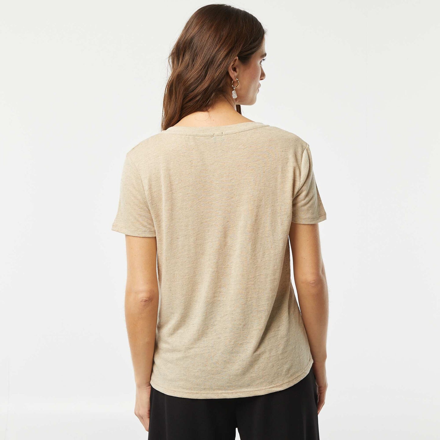 Camiseta básica de mezcla de lino con cuello de pico BLANCO