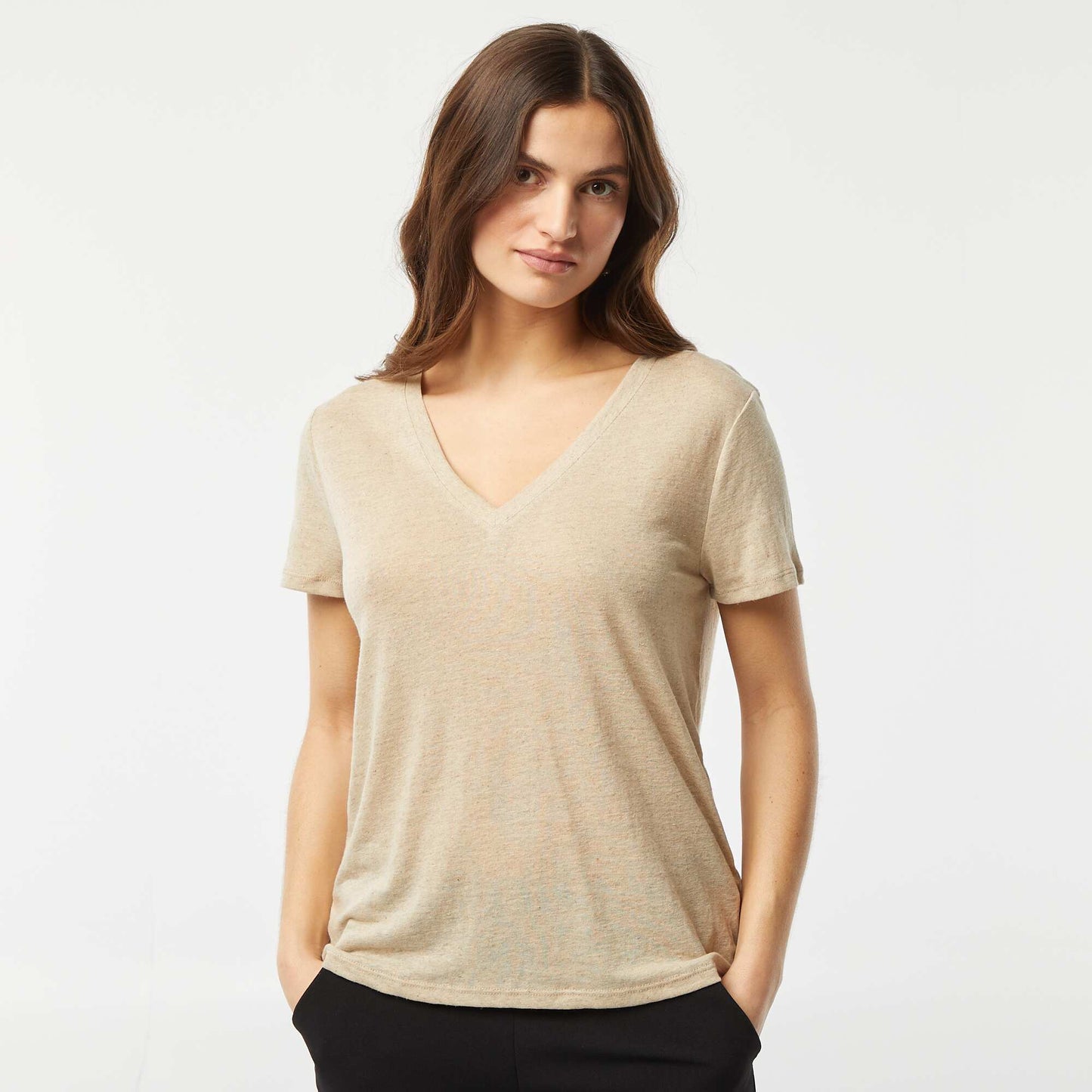 Camiseta básica de mezcla de lino con cuello de pico BLANCO