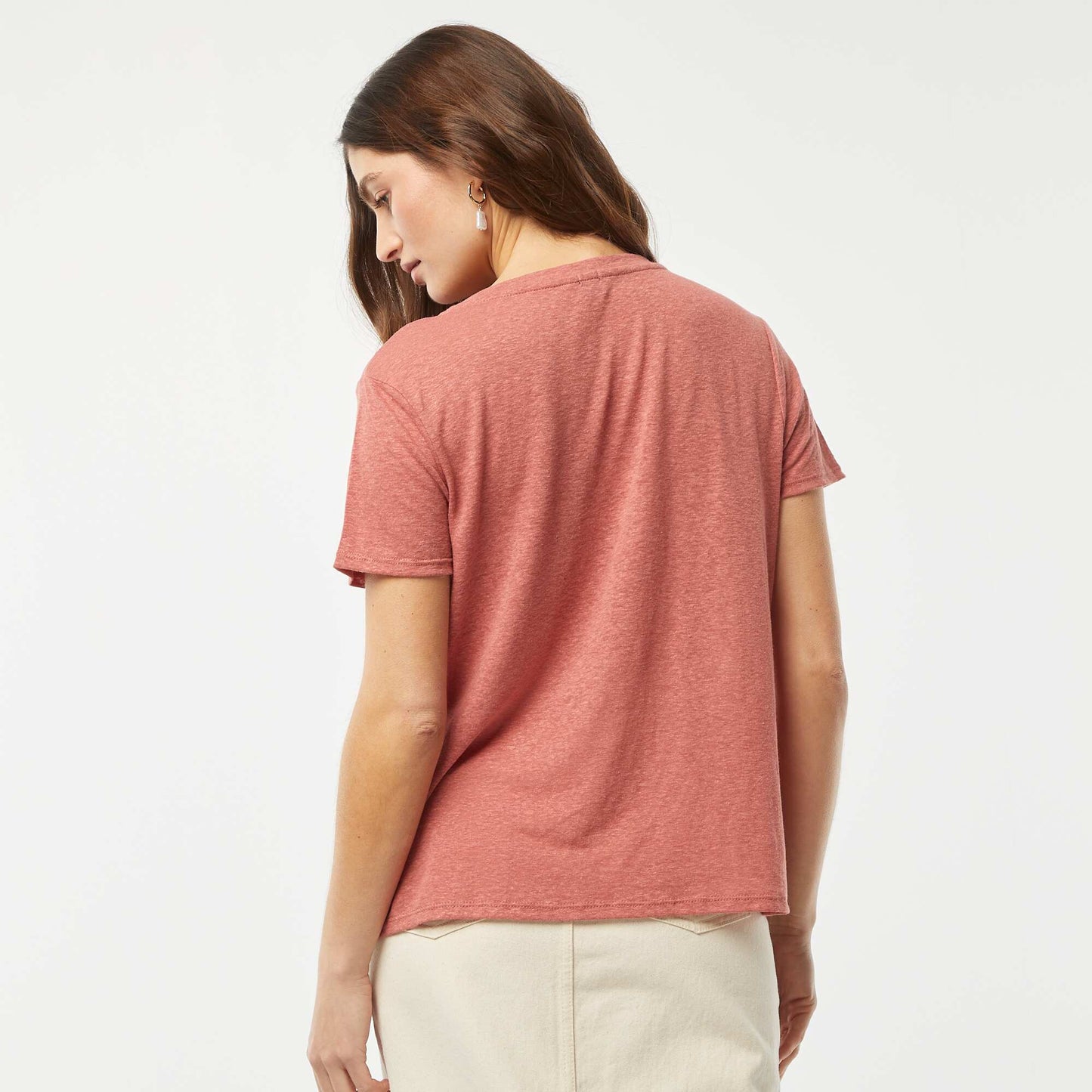 Camiseta básica de mezcla de lino con cuello de pico ROSA