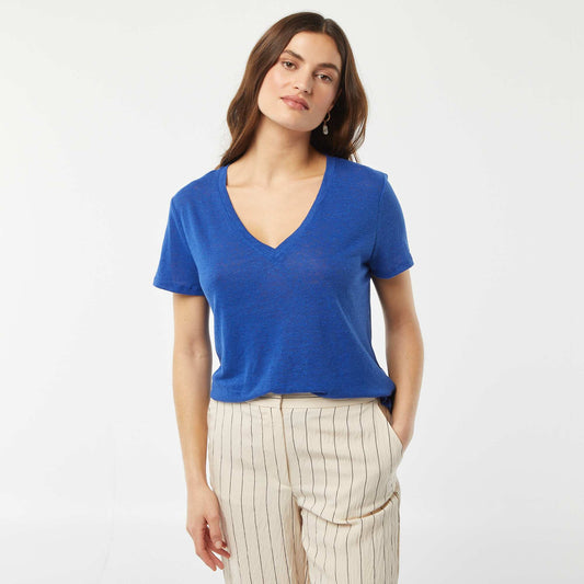 Camiseta básica de mezcla de lino con cuello de pico AZUL