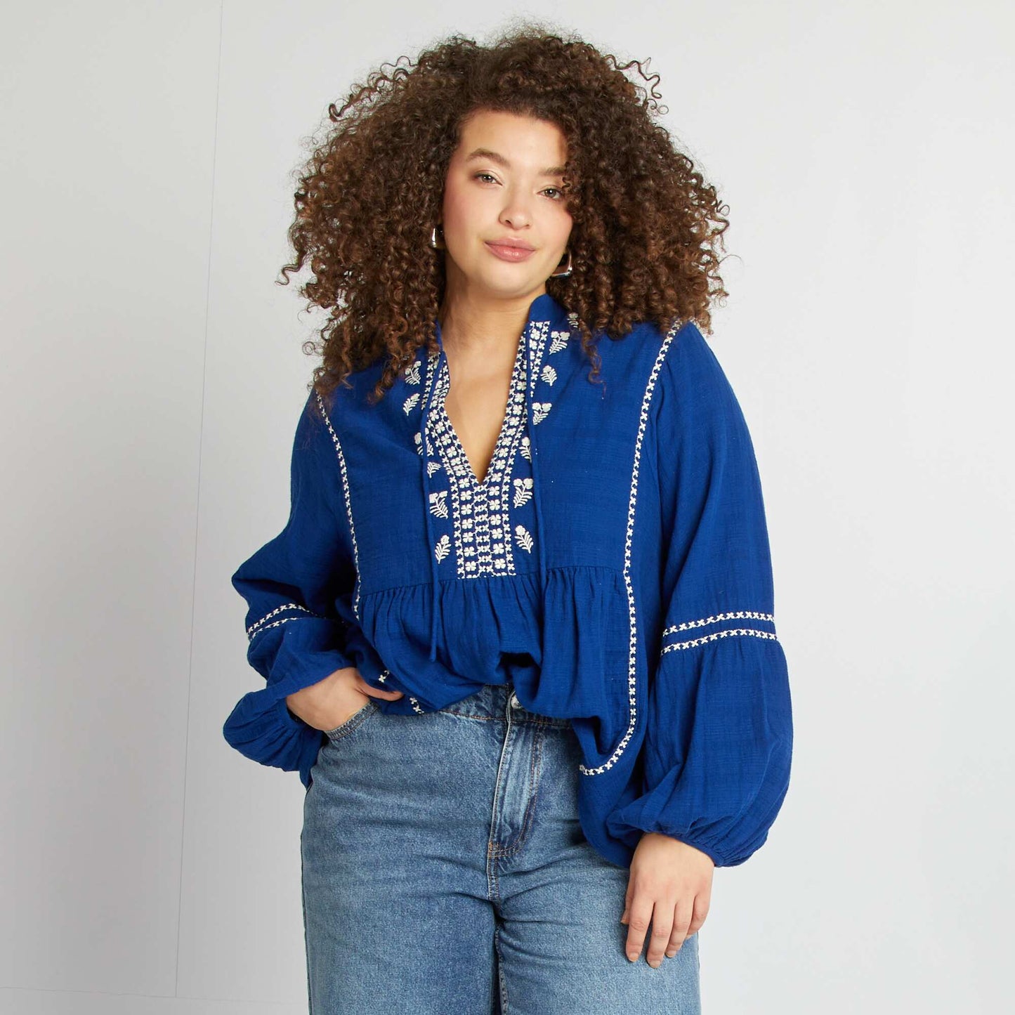 Blusa de gasa de algodón con bordados AZUL