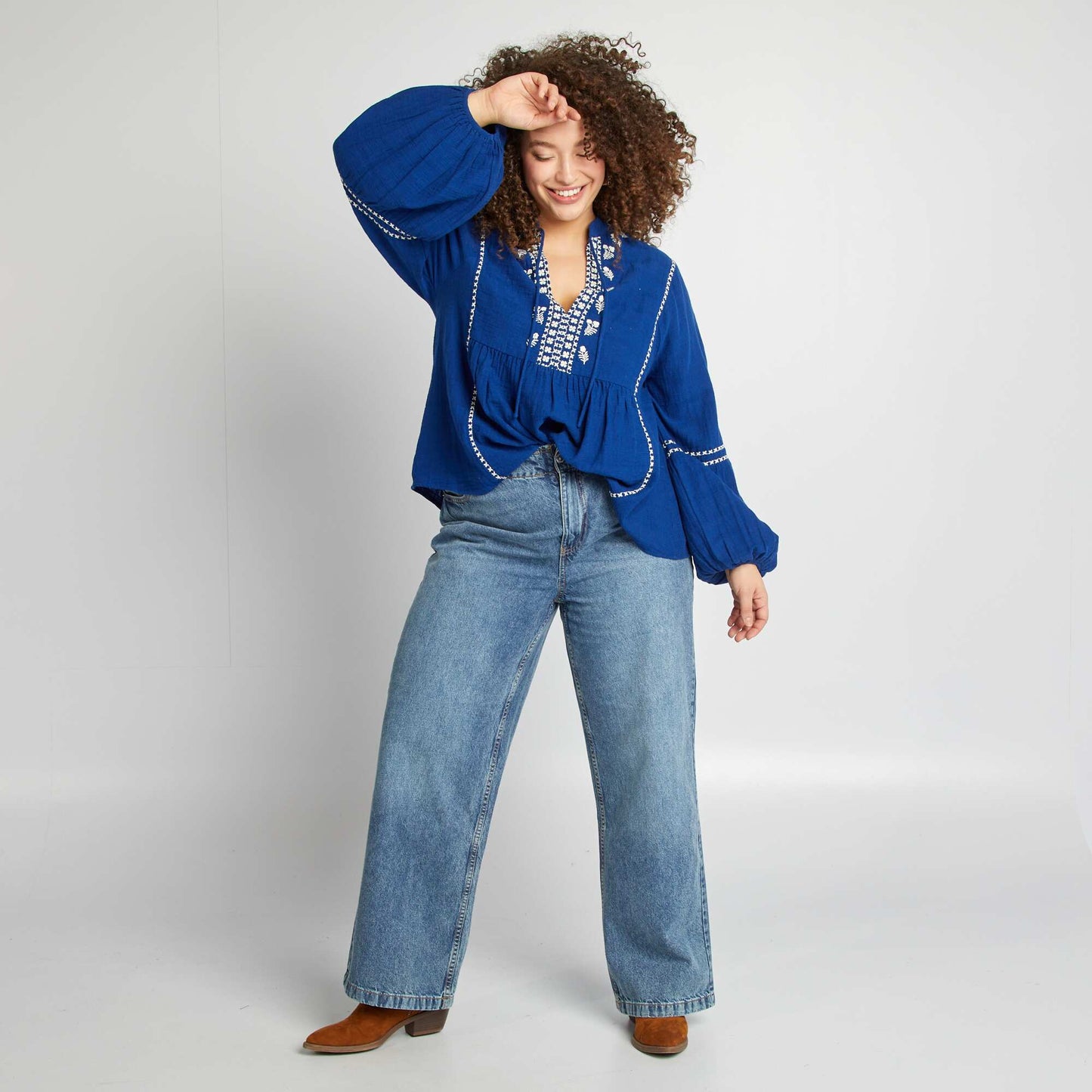 Blusa de gasa de algodón con bordados AZUL