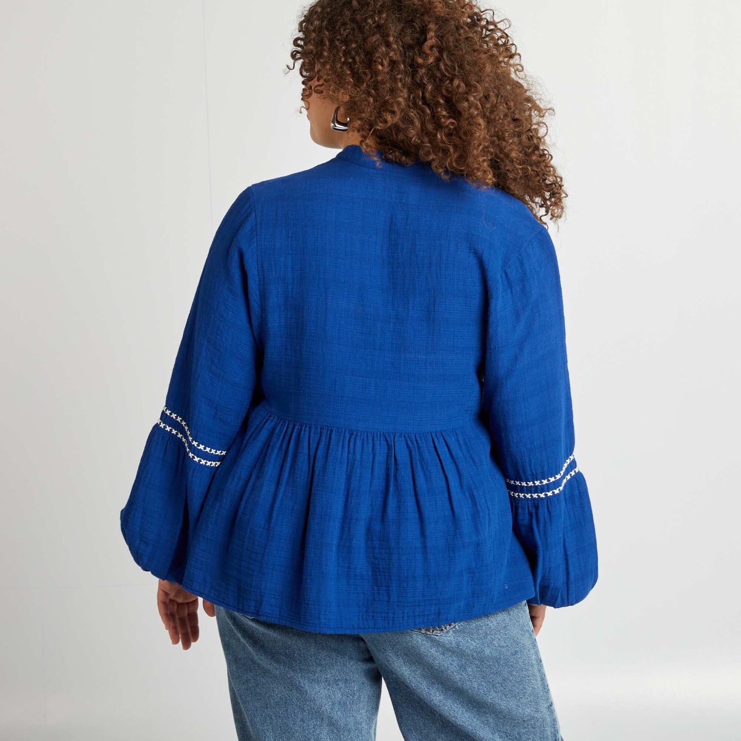 Blusa de gasa de algodón con bordados AZUL