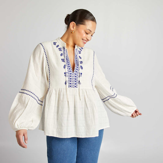 Blusa de gasa de algodón con bordados BLANCO