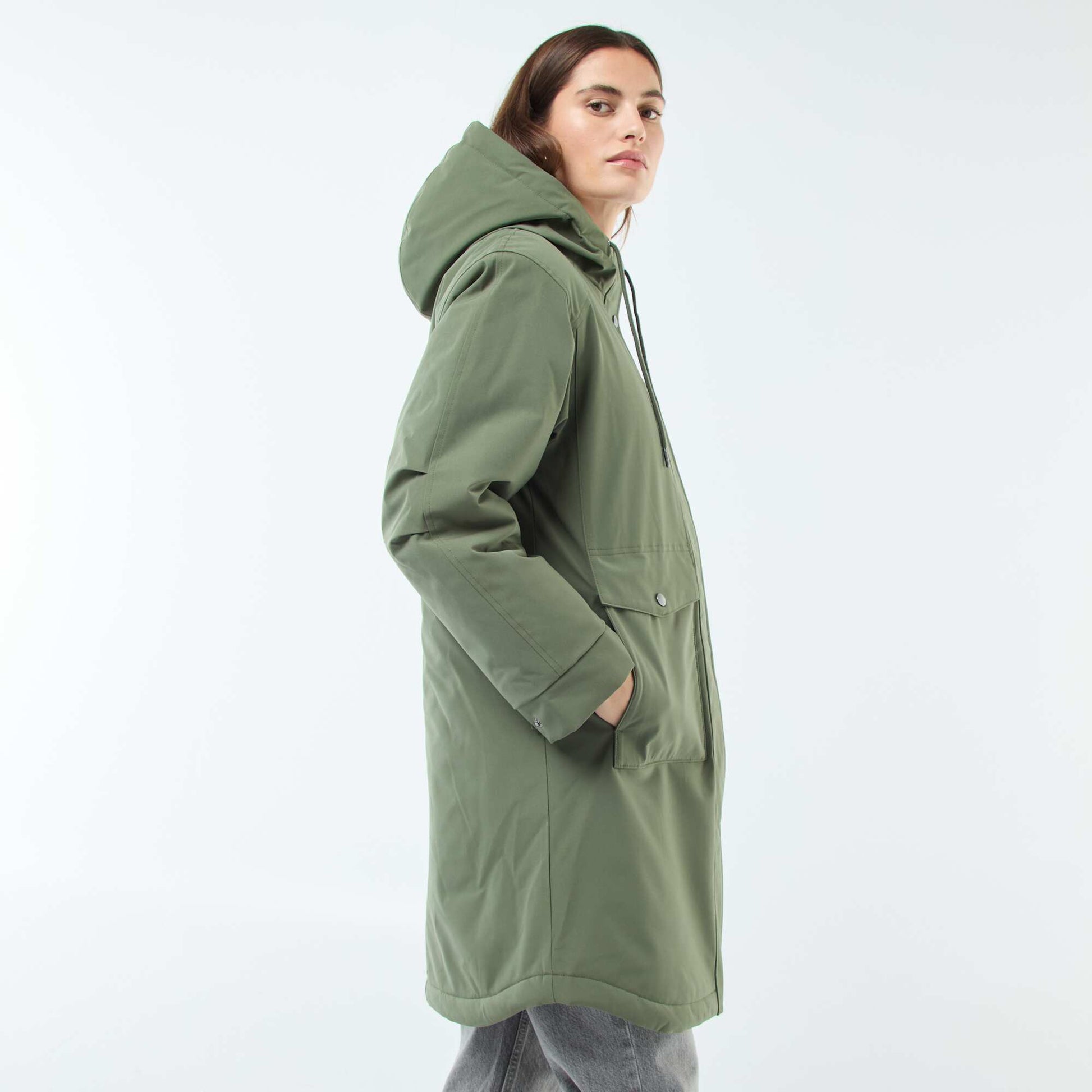 Parka larga con capucha y forro efecto borreguito VERDE