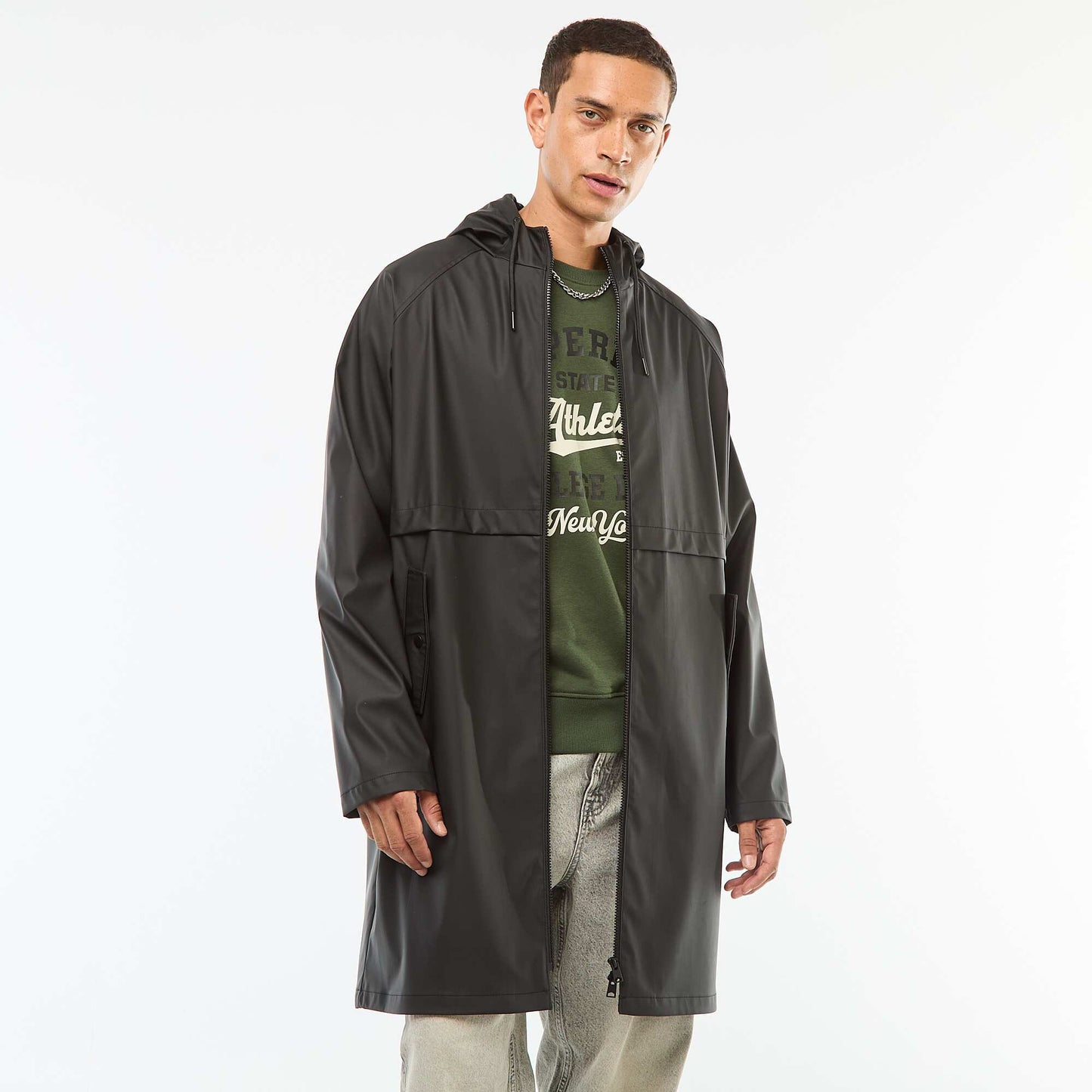 Parka larga con capucha efecto cascada NEGRO