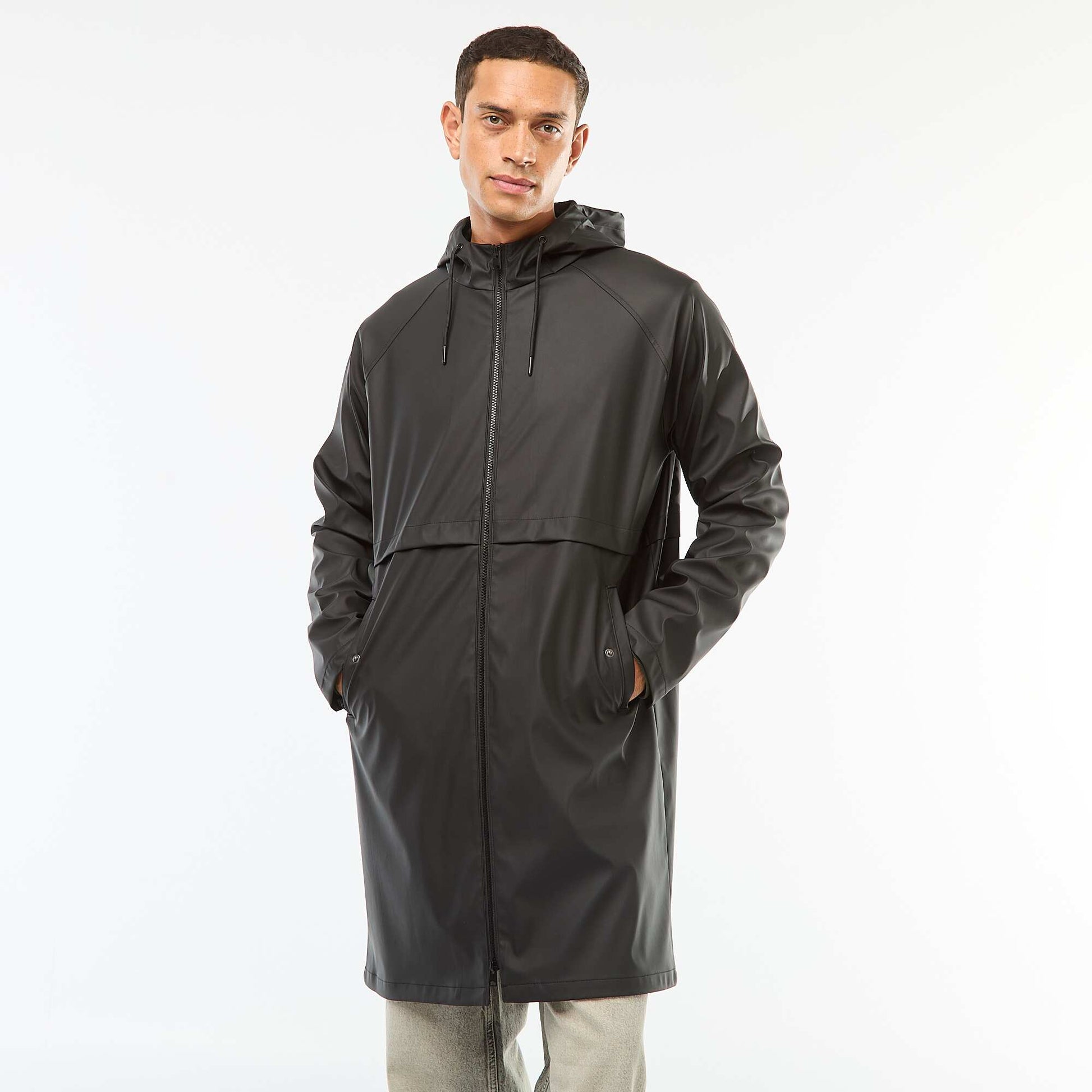 Parka larga con capucha efecto cascada NEGRO