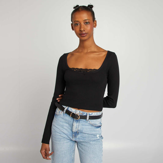 Camiseta crop top de manga larga de canalé NEGRO