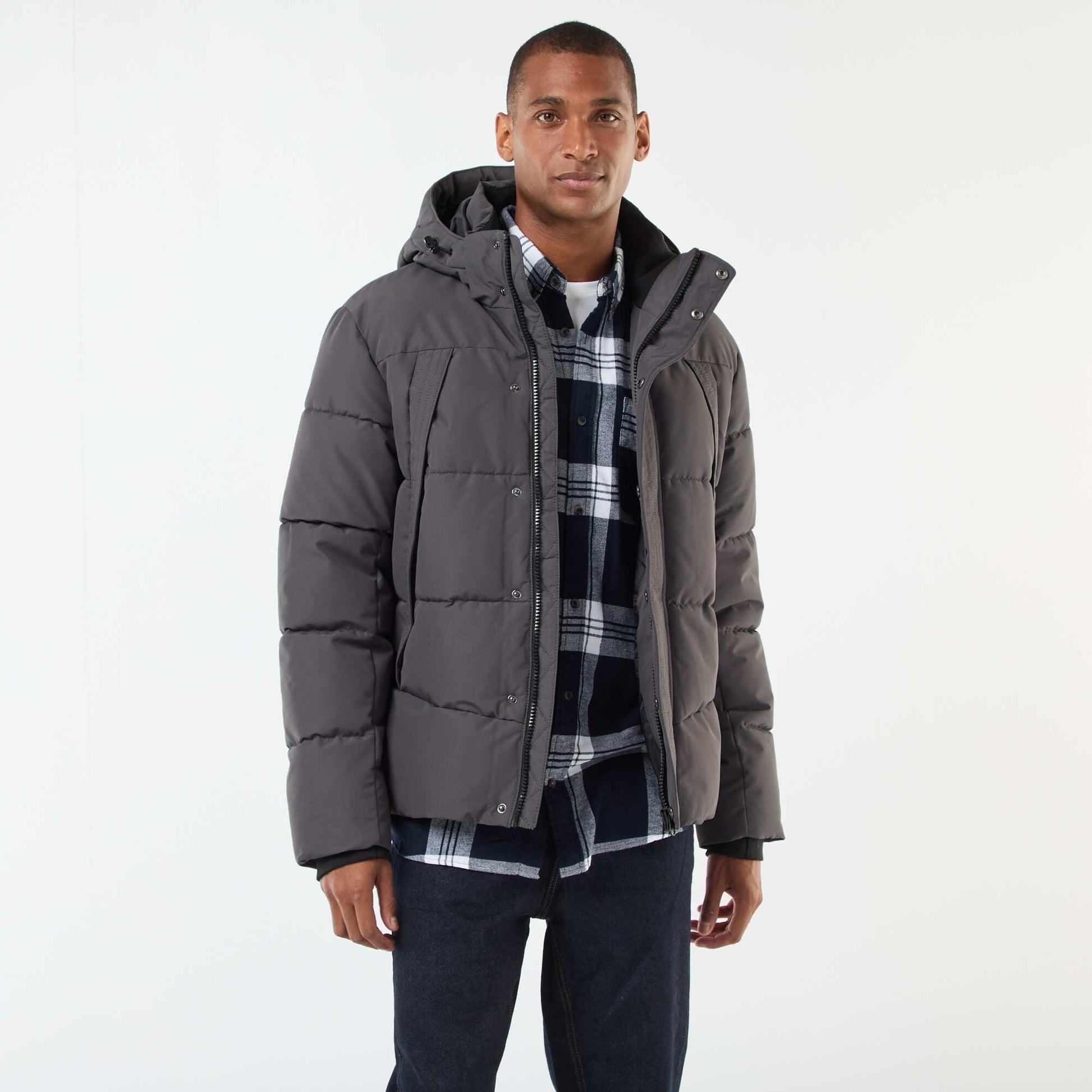 Campera acolchada gruesa con capucha y cremallera GRIS