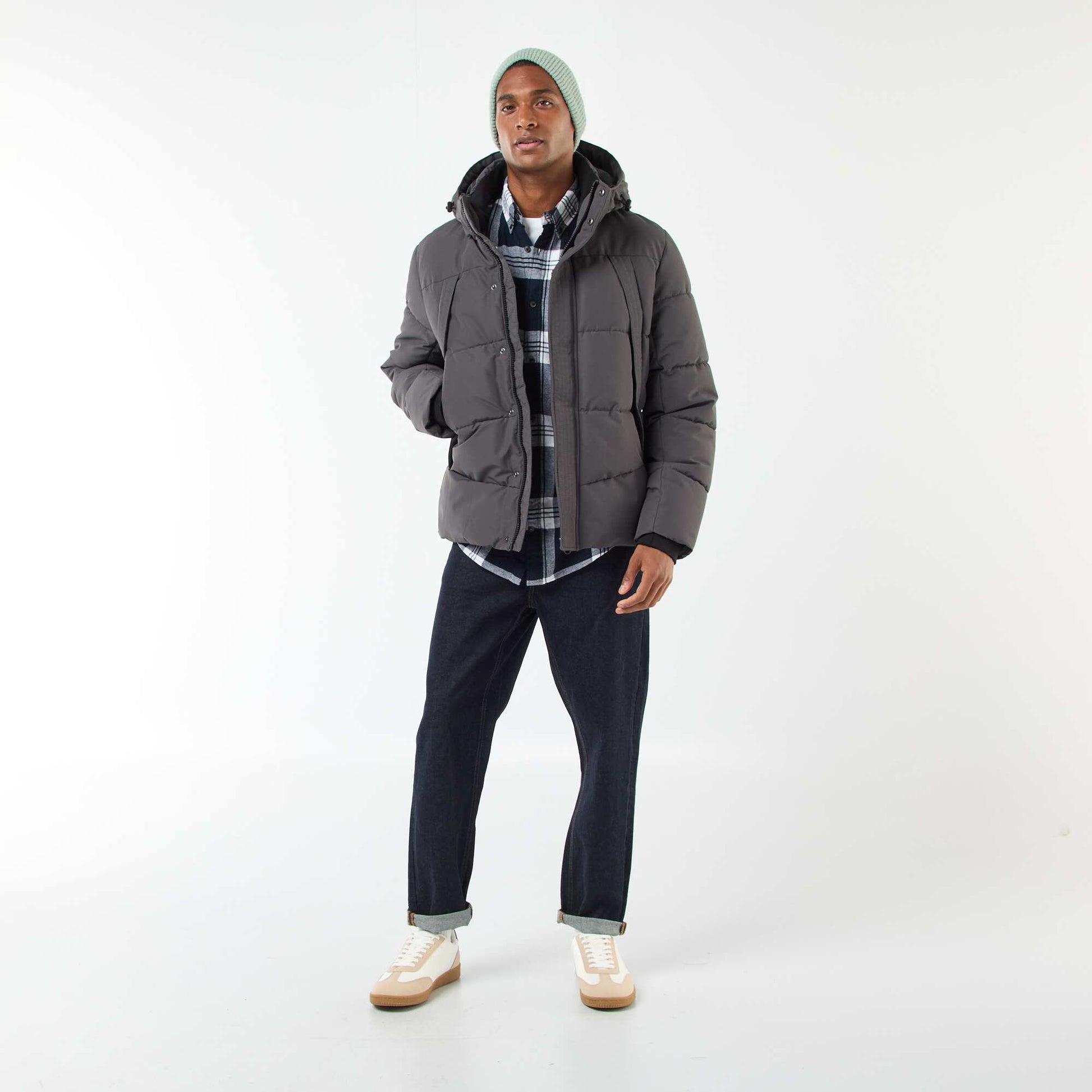 Campera acolchada gruesa con capucha y cremallera GRIS