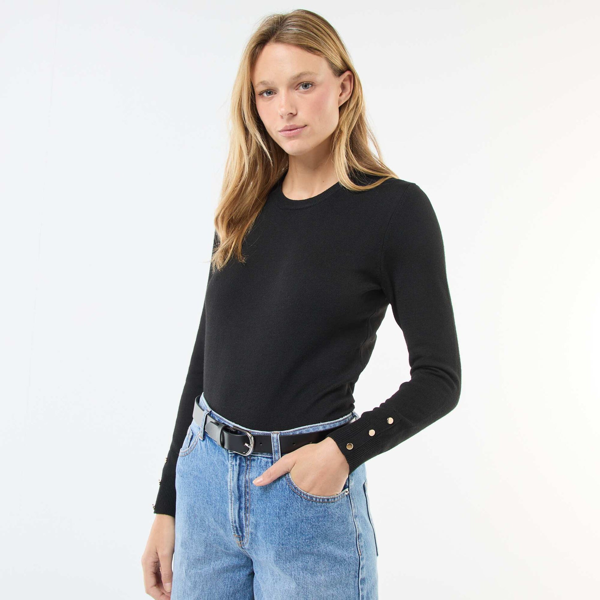 Sweater de punto ligero con cuello redondo NEGRO