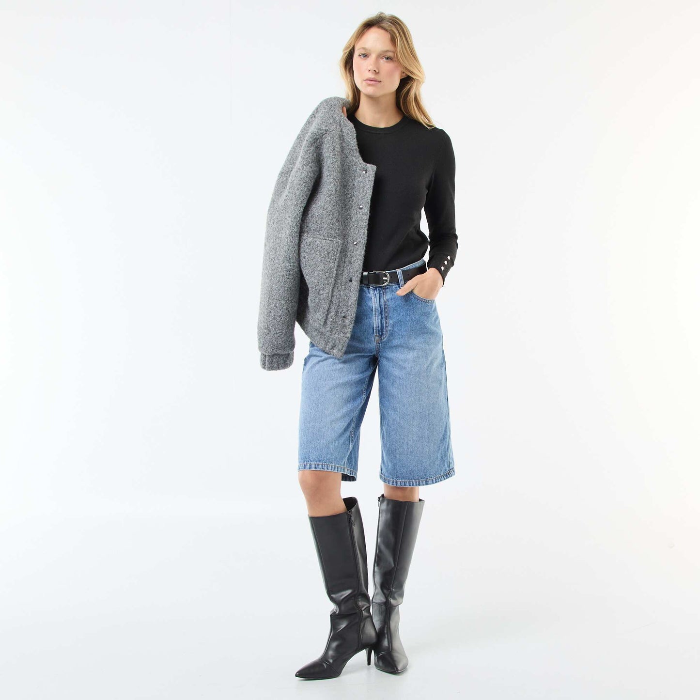 Sweater de punto ligero con cuello redondo NEGRO