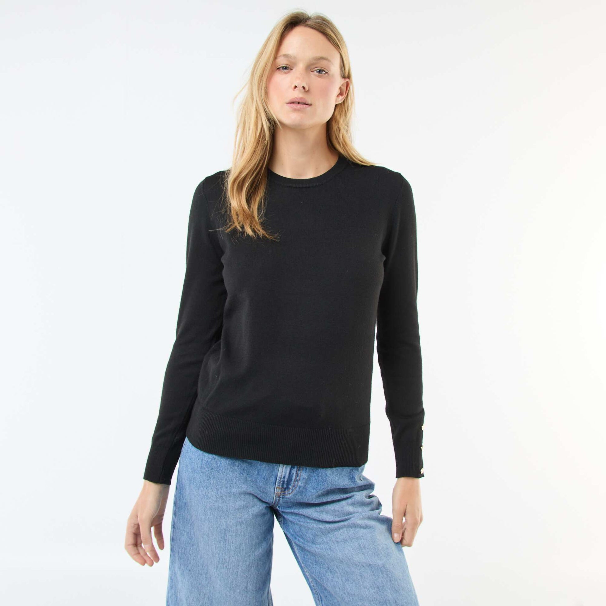 Sweater de punto ligero con cuello redondo NEGRO