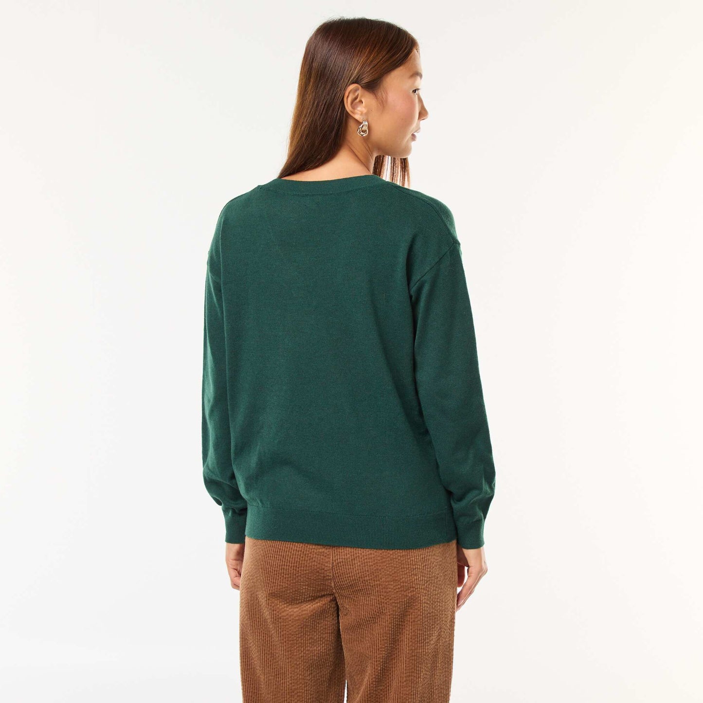 Sweater de punto fino con cuello de pico VERDE
