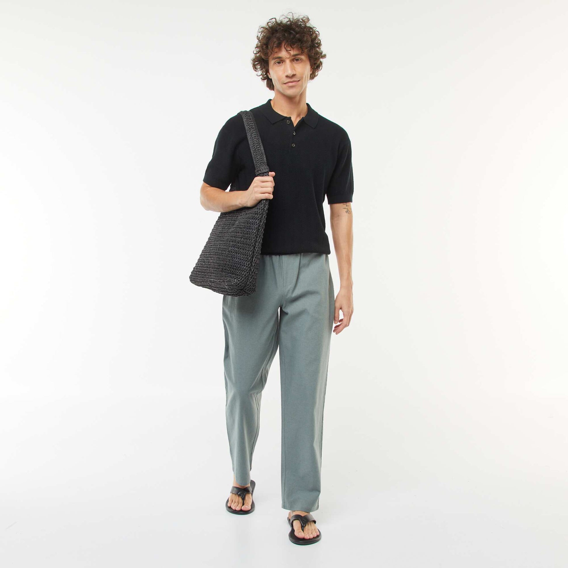 Pantalón de mezcla de lino corte recto VERDE