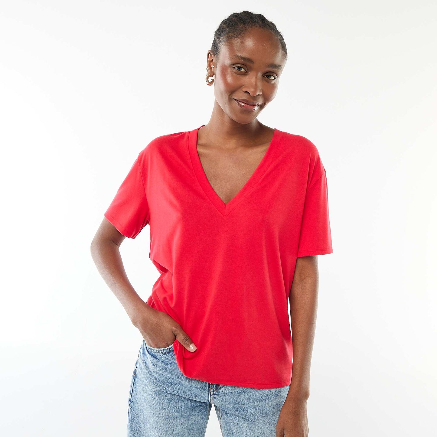 Camiseta de manga corta cuello de pico ROJO