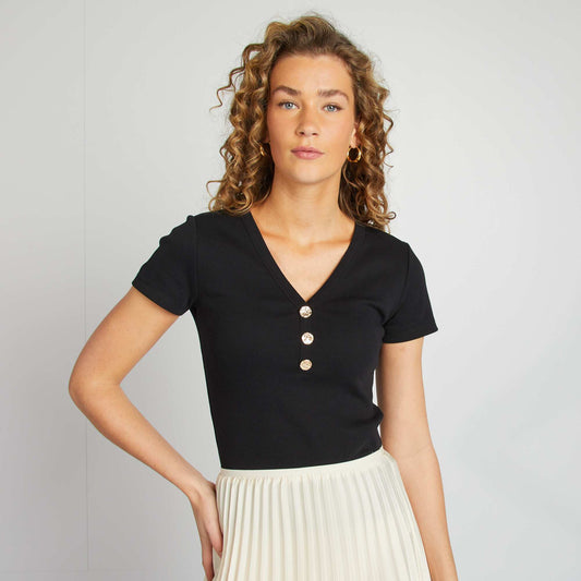 Camiseta de canalé con botones NEGRO
