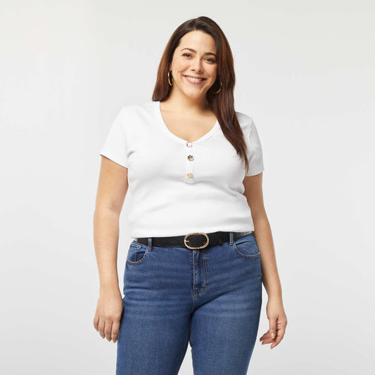 Camiseta de canalé con cuello abotonado BLANCO