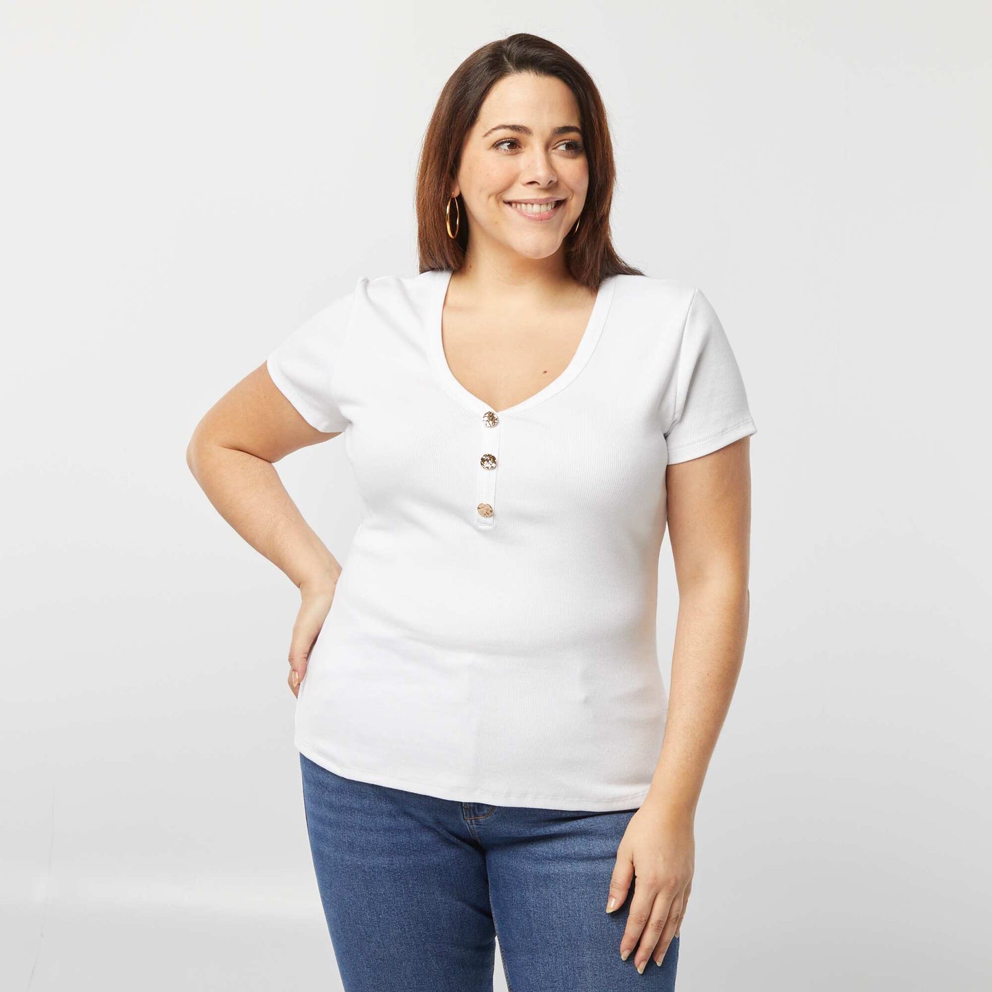 Camiseta de canalé con cuello abotonado BLANCO
