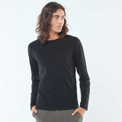 Camiseta lisa de manga larga y cuello redondo NEGRO