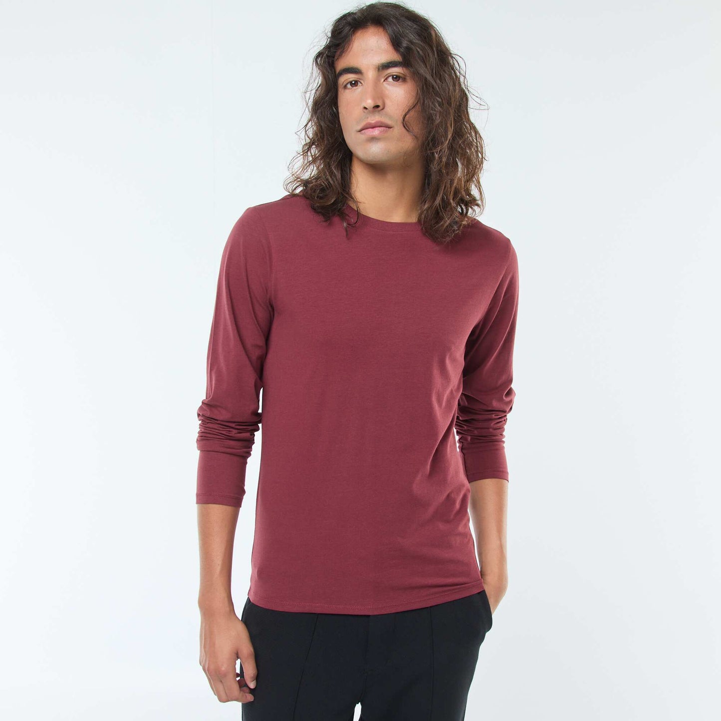 Camiseta lisa de manga larga y cuello redondo ROJO