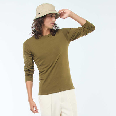 Camiseta lisa de manga larga y cuello redondo VERDE