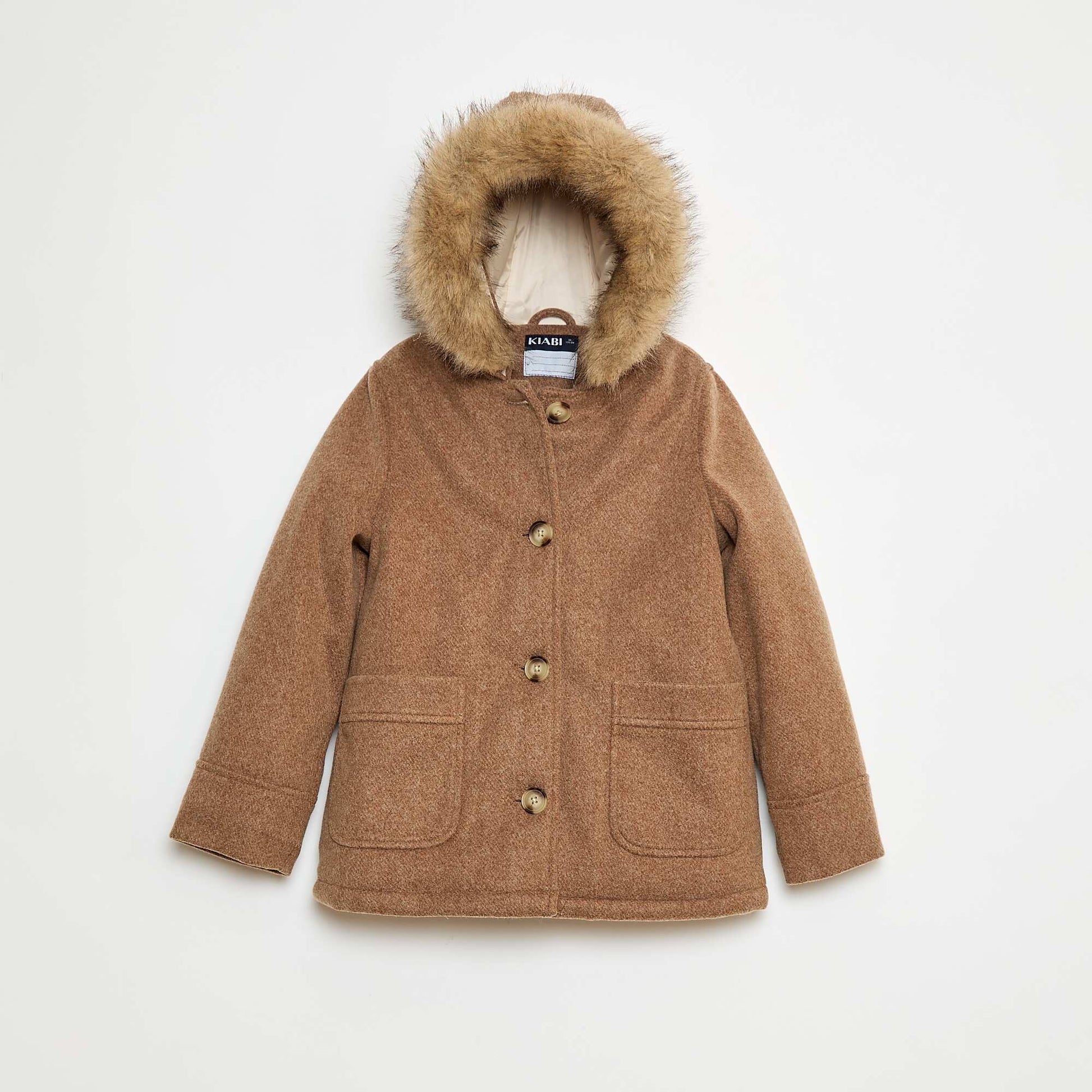 Abrigo con capucha efecto lana MARRON