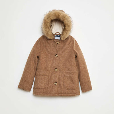 Abrigo con capucha efecto lana MARRON