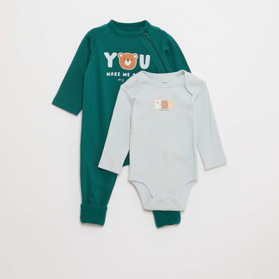 Conjunto pijama entero de felpa cálida y body VERDE