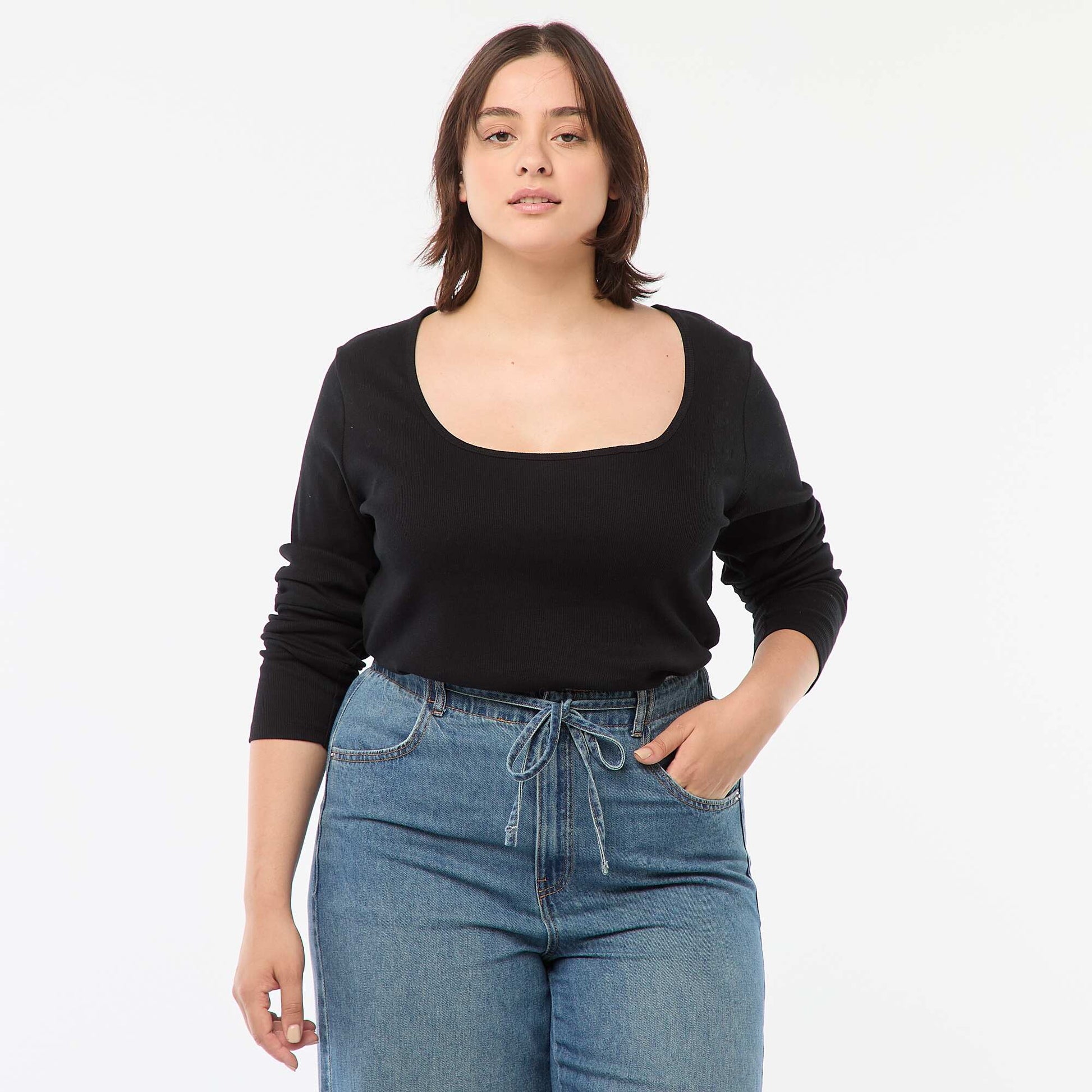 Camiseta de manga larga de canalé NEGRO