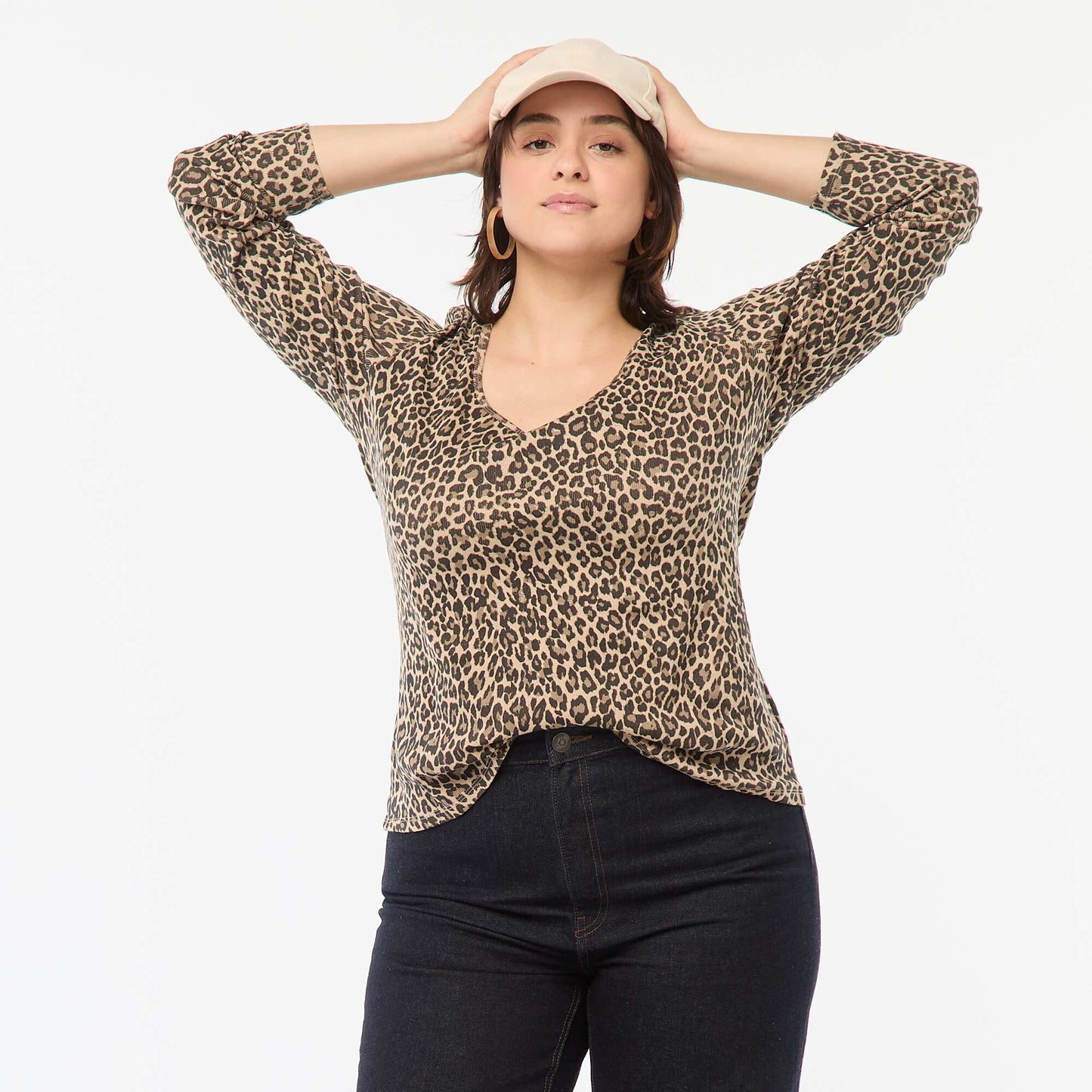 Camiseta de manga larga de canalé BEIGE