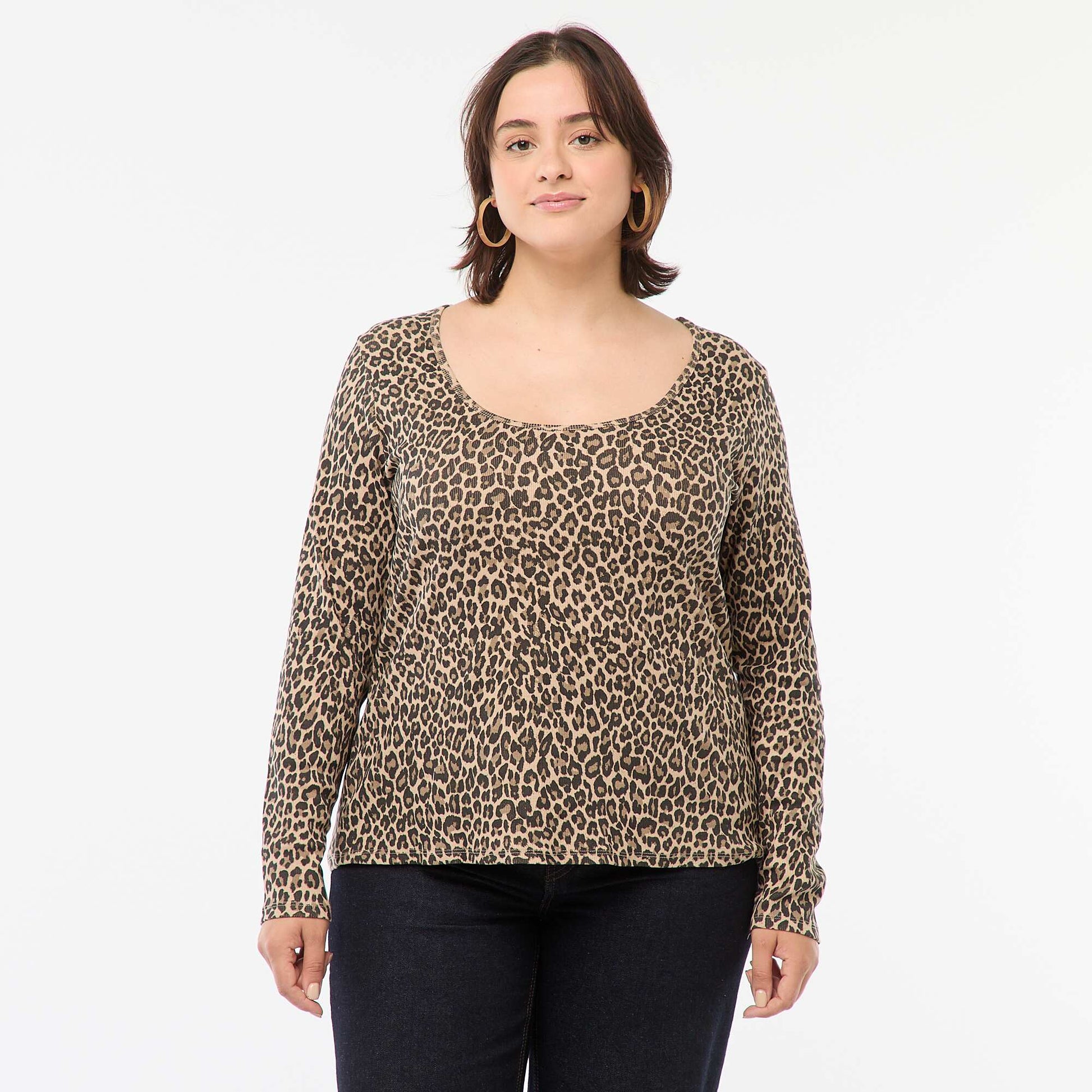 Camiseta de manga larga de canalé BEIGE