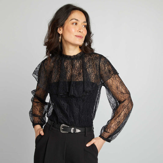 Blusa de encaje con volantes NEGRO