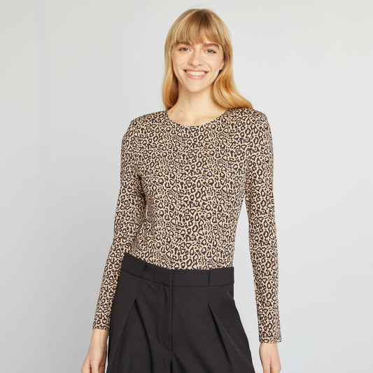 Body de manga larga con motivo de leopardo BEIGE