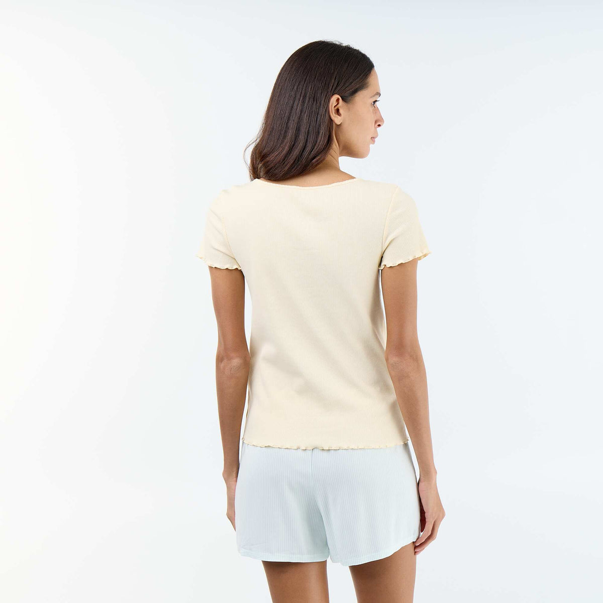 Camiseta lisa de punto canalé de manga corta BEIGE
