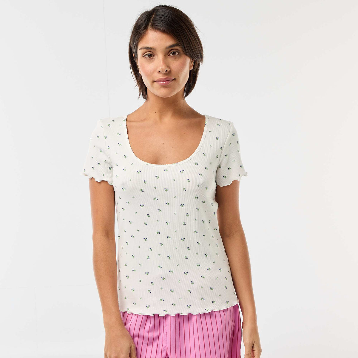 Camiseta lisa de punto canalé de manga corta BLANCO