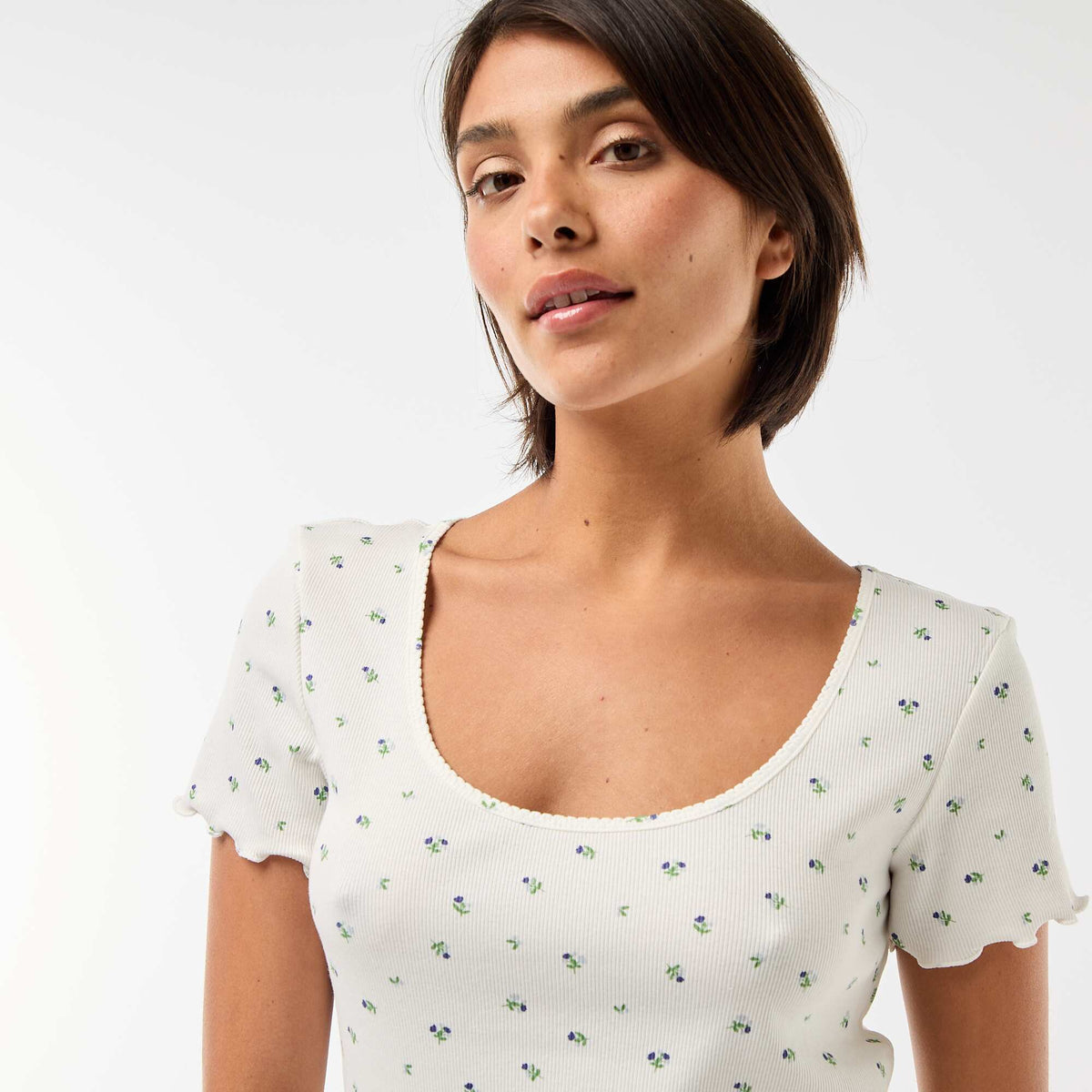 Camiseta lisa de punto canalé de manga corta BLANCO