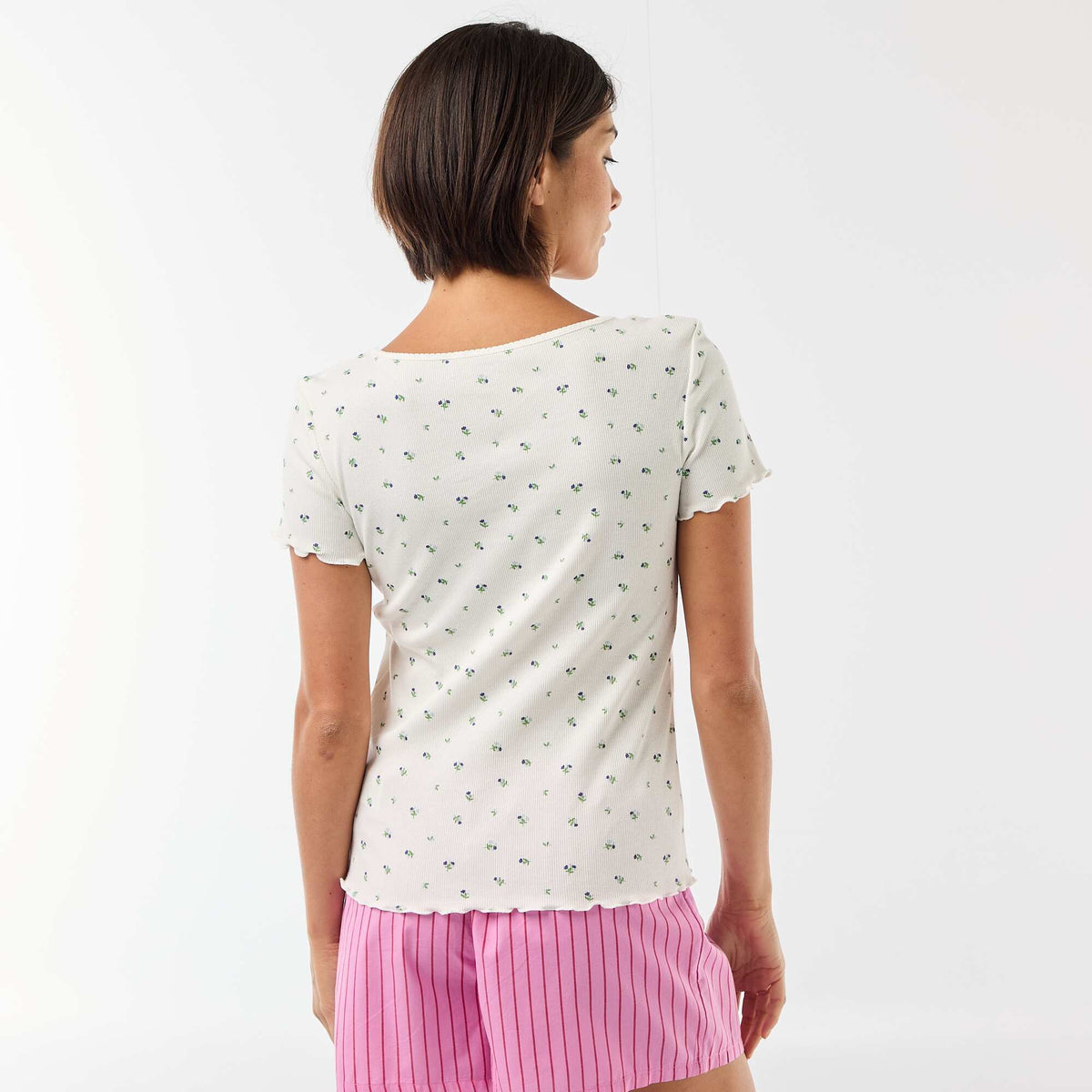 Camiseta lisa de punto canalé de manga corta BLANCO