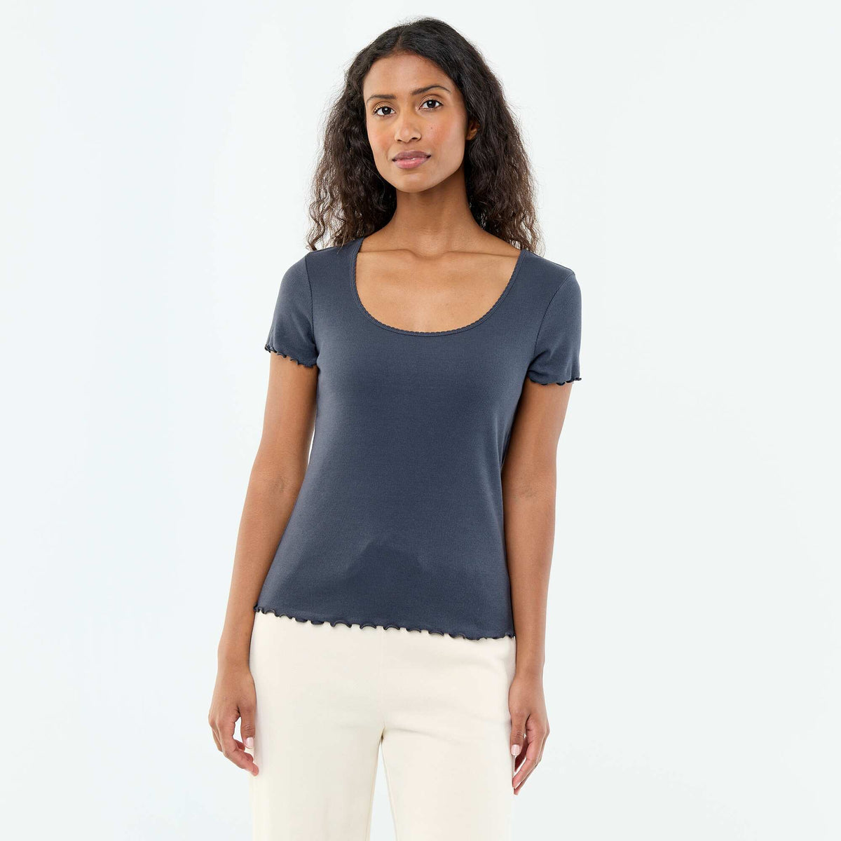 Camiseta lisa de punto canalé de manga corta AZUL