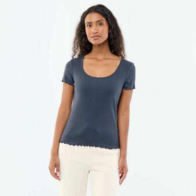 Camiseta lisa de punto canalé de manga corta AZUL
