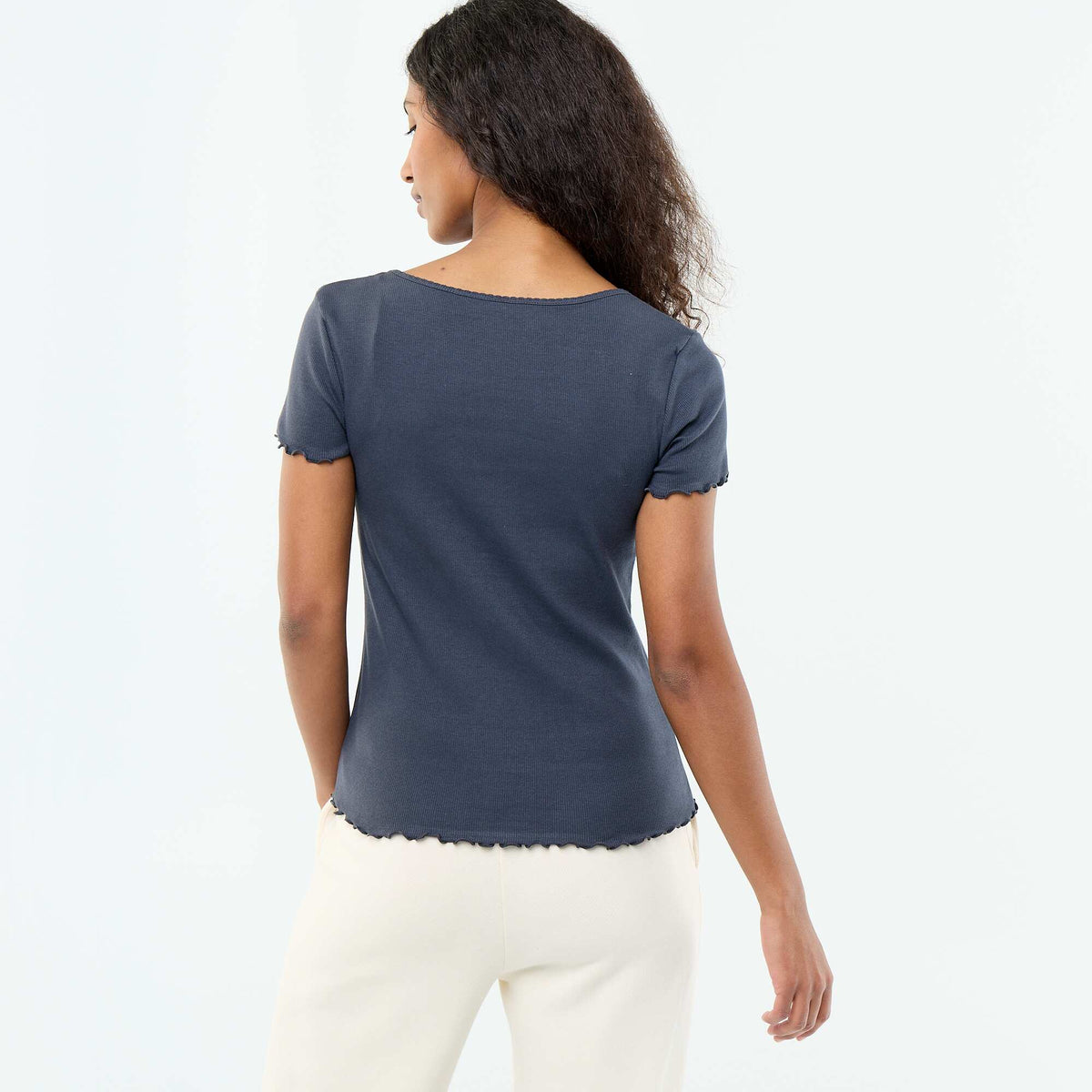 Camiseta lisa de punto canalé de manga corta AZUL