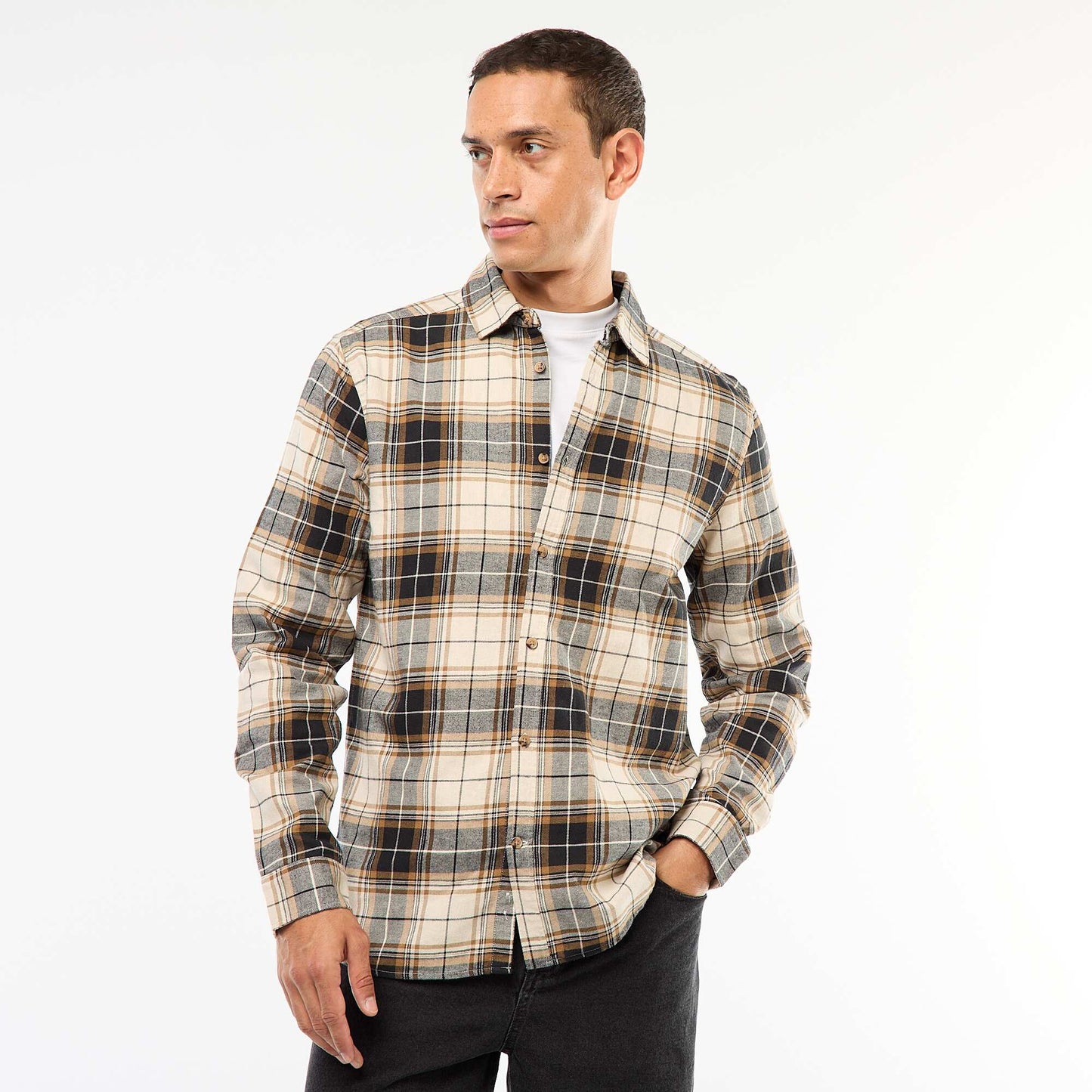 Camisa regular de cuadros BEIGE