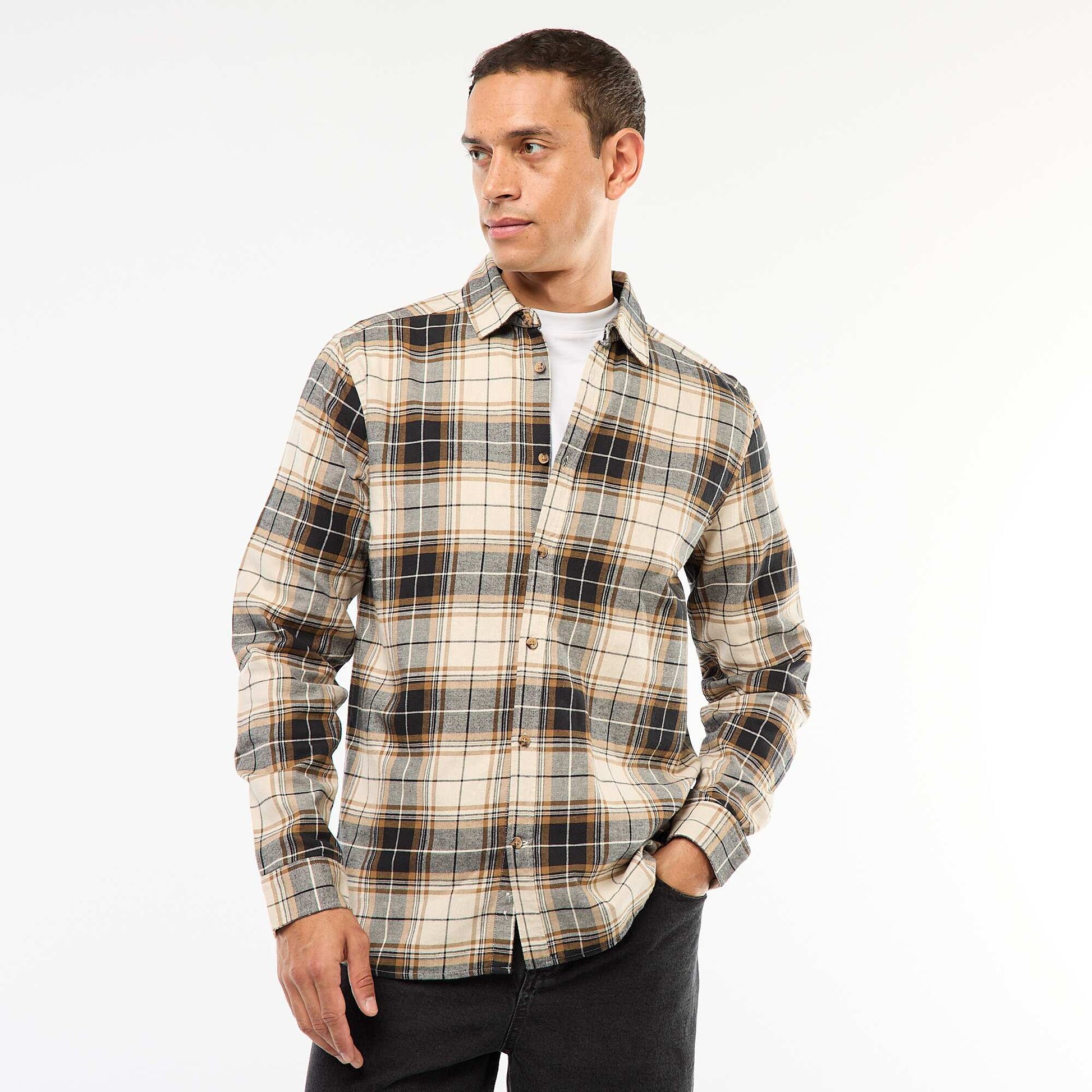 Camisa regular de cuadros BEIGE