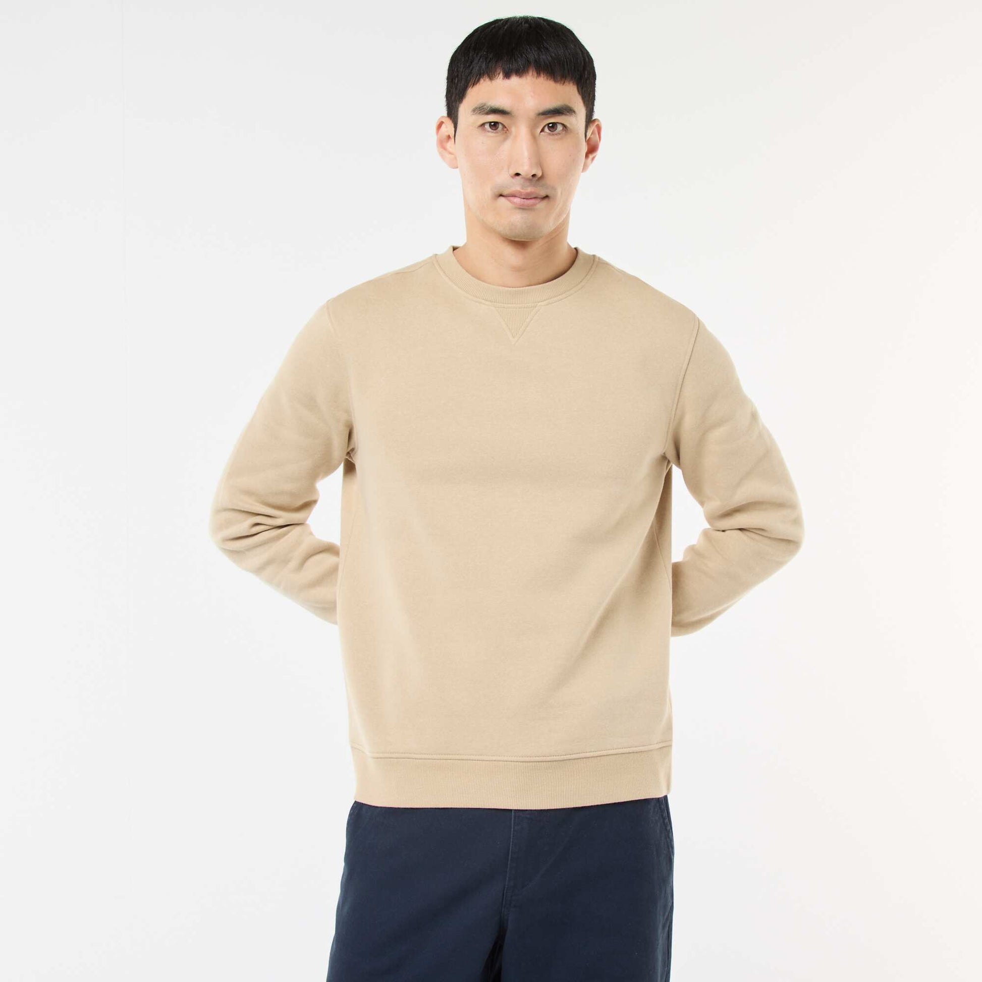 Buzo lisa de cuello redondo en felpa perchada BEIGE
