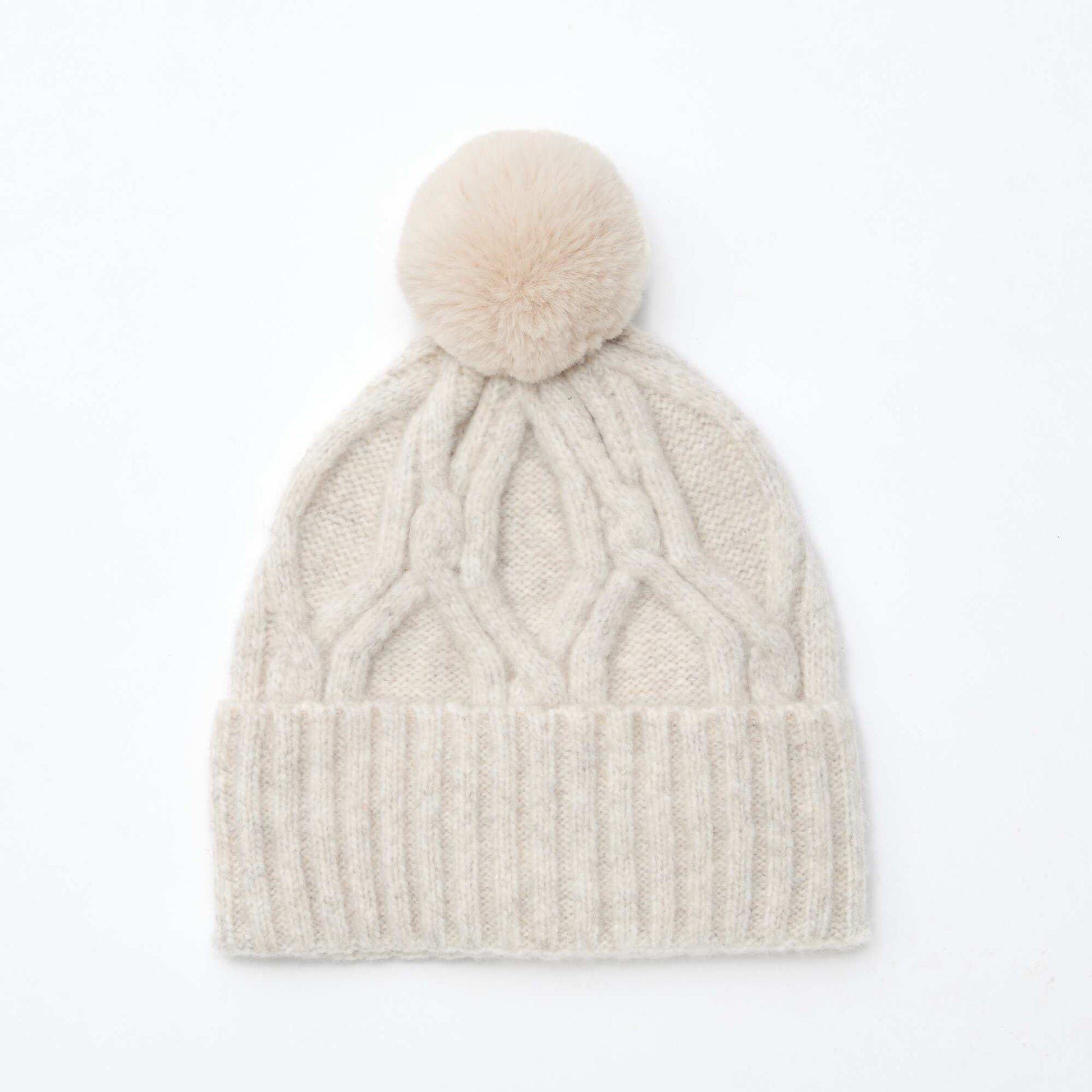 Gorro liso y acanalado con pompón BEIGE