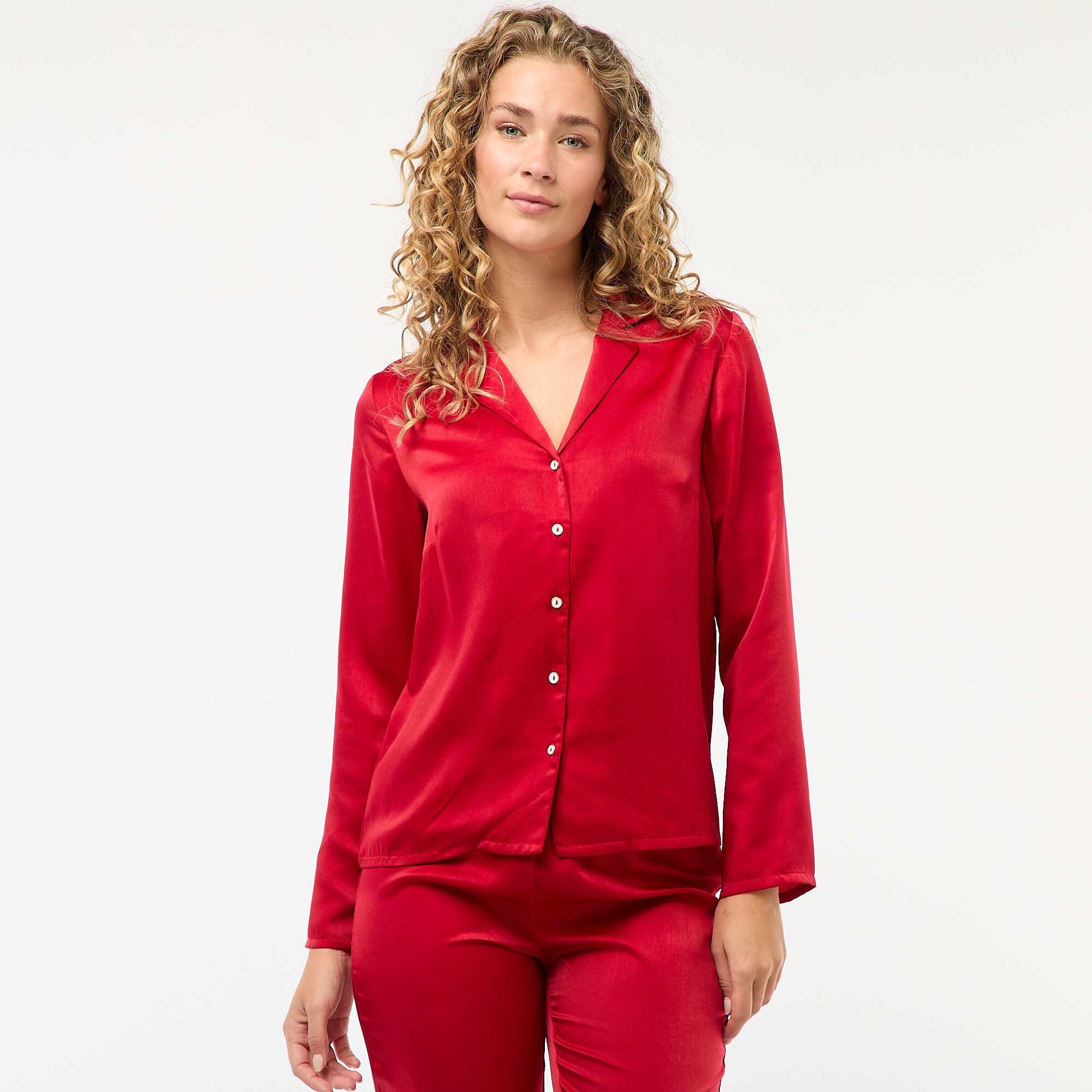 Pijama largo satinado camisa + pantalón - 2 piezas ROJO